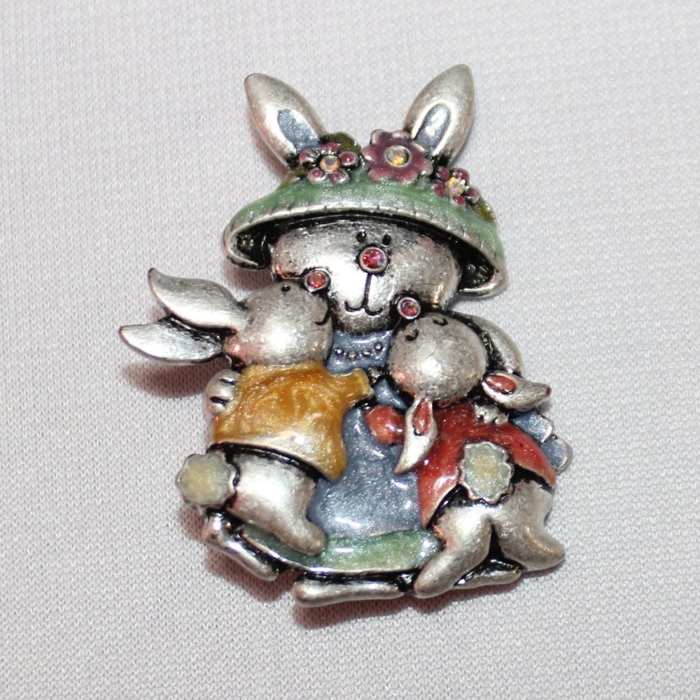 Mother Bunny and Children Silver w/Enamel Brooch - Picture 2 of 6